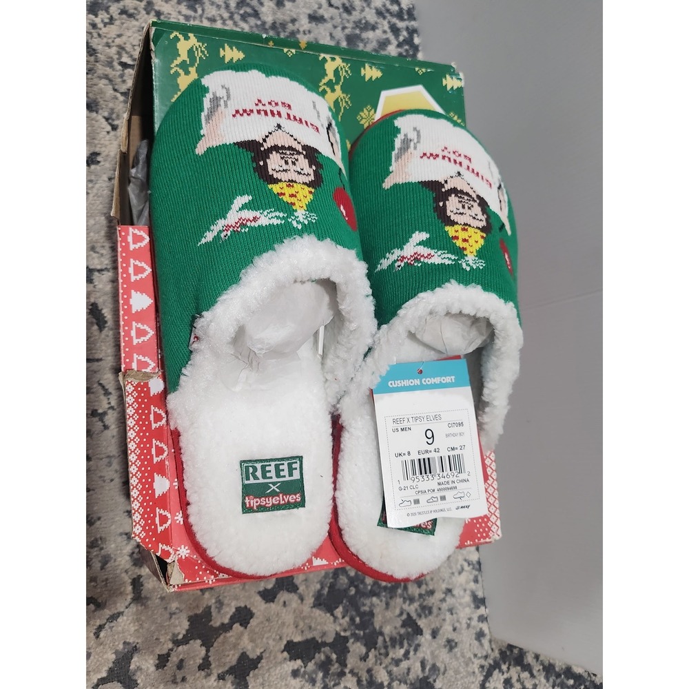 Reef x Tipsy Elves Birthday Boy Jesus Christmas Slippers Mens 9 Green CI7095 NEW